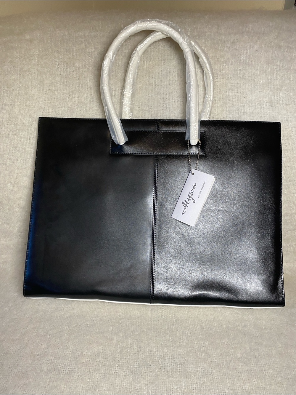 Alyssa Black Tote Bag with White Handles